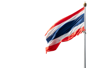 Stunning Thailand National Flag Wave Against Clear Blue Sky in Bright Daylight with Flagpole in View