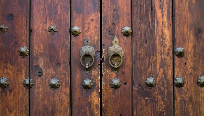 Fototapeta premium Ornate wooden door with decorative metal hardware.