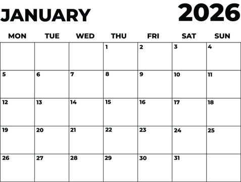 Monthly Planner January 2026, Minimalist Black and White Calendar, Monday Start Printable Calendar, Plain calendar, Dated Monthly Planner, Simple Monthly Organizer, Landscape Monthly Planner