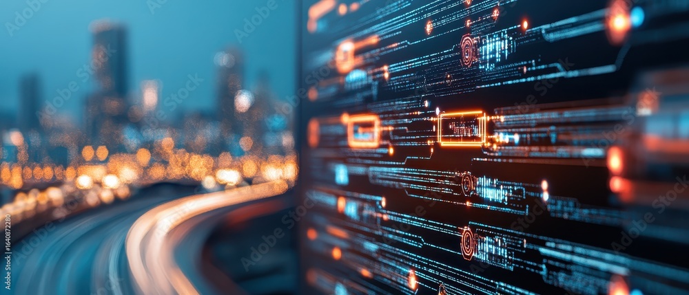 Poster glowing data streams connect across a digital network display with a blurred city background.
