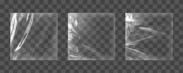 Transparent plastic wrap textures with wrinkles and folds - clear vinyl film overlay mockups. Glossy cellophane sheets with realistic creases and reflections. Packaging material design elements.