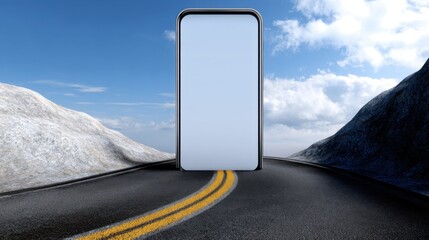 A smartphone-shaped door is open on the horizon, leading to an endless road with blue sky and white clouds. The scene conveys freedom of travel through technology.