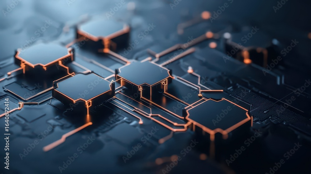 Poster circuit board with glowing lines and interconnected components, abstract digital network, advanced t