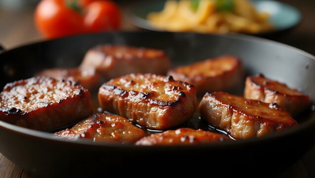 Juicy Pork Medallions Sizzling in a Pan, Perfectly Seared Pork Tenderloin Medallions Cooking, Close-Up of Browning Pork Chops in Hot Skillet, Deliciously Glazed Pork Medallions in a Frying Pan