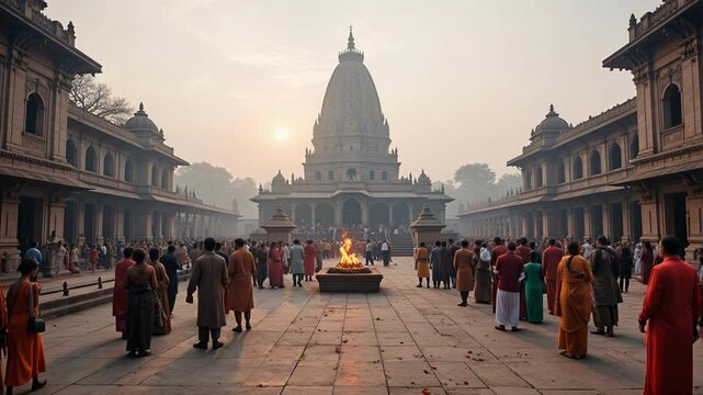 Aerial View of Mahakaleshwar Jyotirlinga Temple in Ujjain with Tower Emerging Through Mist and Devotees Below | 4K Spiritual Footage