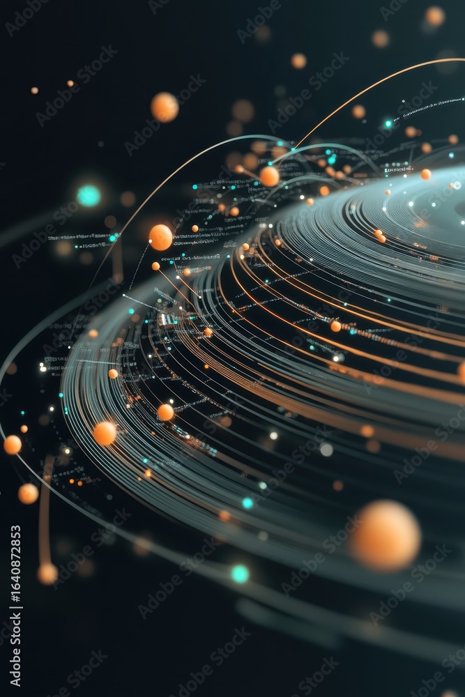 Poster abstract digital network with glowing spheres and orbiting lines, representing global data connectio