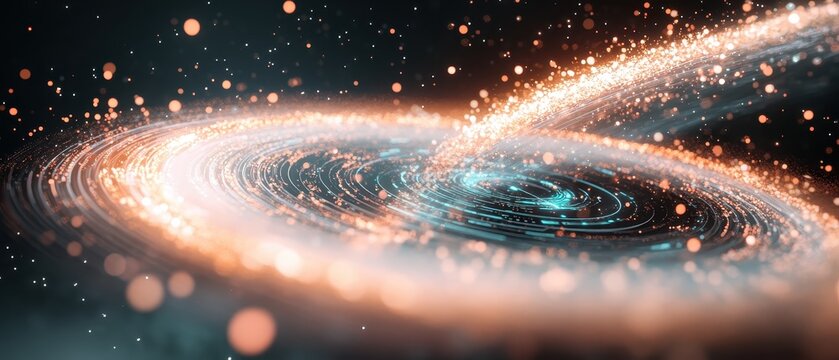 Swirling cosmic dust and glowing particles forming a celestial phenomenon, representing the vastness of space technologies and cosmic events.