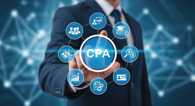 CPA Business Technology Concept with Person Touching Interface Displaying Finance and Accounting Icons