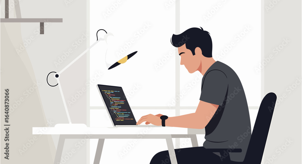 Wall mural focused programmer at a modern workspace.