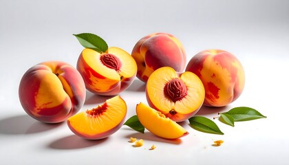 Ripe peaches, some halved, with leaves, arranged on a white background