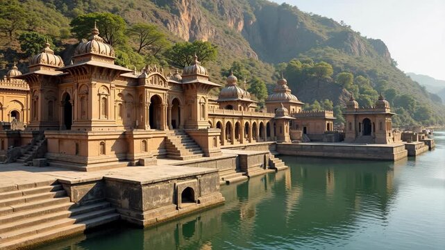 Stunning aerial view of Maheshwar Temples along Narmada River, showcasing royal ghats and palaces reflecting India's spiritual heritage in 4K.