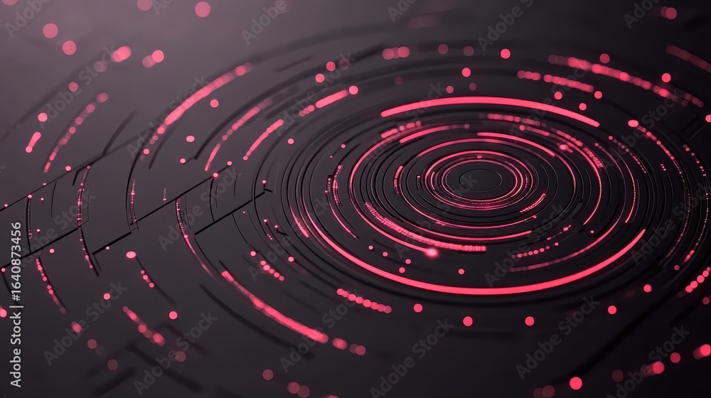 Poster abstract cosmic interface with glowing red circular data streams and energy pulses on a dark backgro