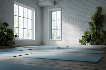 Obraz premium Bright, airy room with yoga mats and plants.