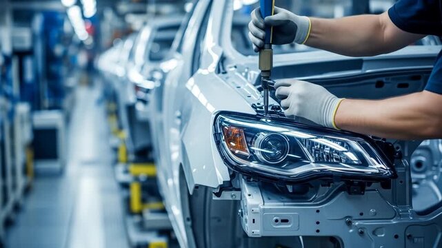 Man installing car headlight with screwdriver on assembly line in modern automobile factory, industrial production footage.
