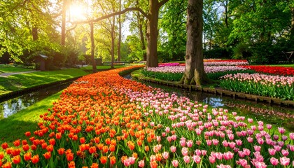 Colorful tulip garden pathway
