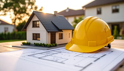 House Model with Blueprint and Hard Hat  New Home Concept with Real Estate.