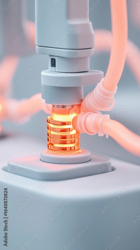Poster automated machine processing glowing coins with illuminated tubes and futuristic sterile environment