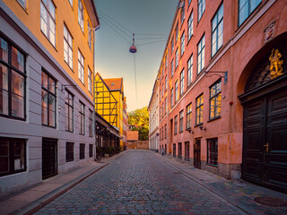 Charming cobblestone street in Niels Hemmingsens Gade, Copenhagen, lined with colorful historic buildings, arched doorways, and a hanging streetlight under clear skies. © Francis