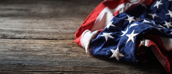 The American flag elegantly draped on a rustic wooden background.