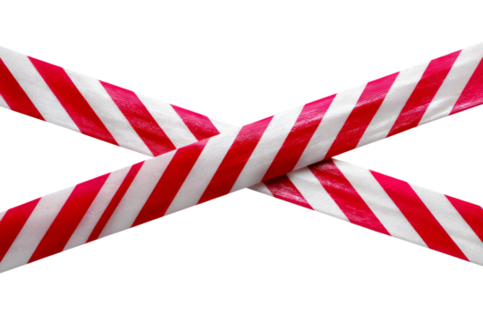Red and white striped barrier tape crossed isolated on transparent background