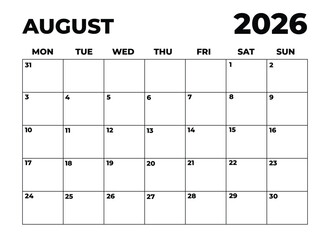 Monthly Planner August 2026, Minimalist Black and White Calendar, Monday Start Printable Calendar, Plain calendar, Dated Monthly Planner, Simple Monthly Organizer, Landscape Monthly Planner