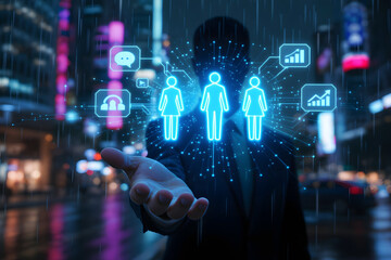 Fototapeta premium Person holding glowing digital network with people icons and data