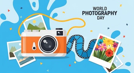 World photography day celebrated with vintage camera, film strip, and printed photos, highlighting the art of capturing memories and visual storytelling