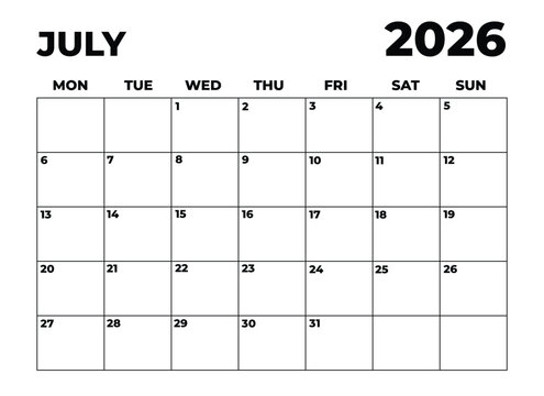 Monthly Planner July 2026, Minimalist Black and White Calendar, Monday Start Printable Calendar, Plain calendar, Dated Monthly Planner, Simple Monthly Organizer, Landscape Monthly Planner