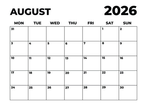 Monthly Planner August 2026, Minimalist Black and White Calendar, Monday Start Printable Calendar, Plain calendar, Dated Monthly Planner, Simple Monthly Organizer, Landscape Monthly Planner