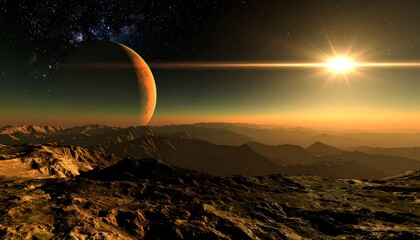 Alien Planet Landscape with Large Crescent Moon and Distant Sun