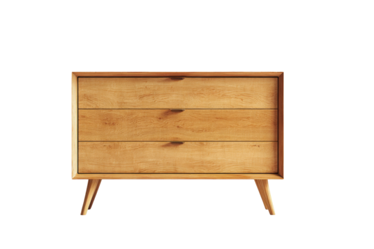 Modern wooden dresser with three drawers and tapered legs isolated on transparent background