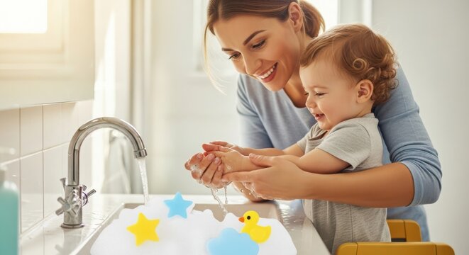 Mother and baby washing hands together at the sink for hygiene - Powered by Adobe