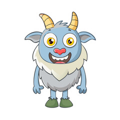 Cute Happy Blue Yeti Monster Character with Horns and Fur Cartoon Vector