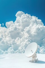 White satellite dish antenna receives signals against a dramatic sky with large white clouds and clear blue expanse.