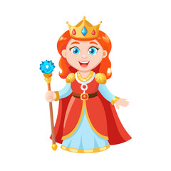 Happy Cartoon Queen Character in Red Robe Holding Scepter Vector Illustration