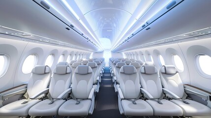 Fototapeta premium Modern Aircraft Cabins: Spacious Interiors with Ergonomic Seats, Ambient Lighting, and In-Flight Entertainment Systems, Featuring Economy, Business, and First-Class Layouts, Ideal for Aviation Photogr