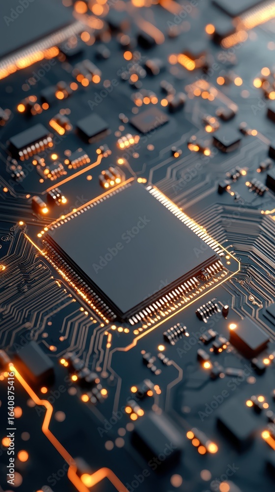 Poster close up of a complex electronic circuit board with glowing orange pathways and a central processing