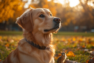 Generative ai image of adorable puppy sitting in summer field full of blooming daisies and green grass with warm sunlight in background