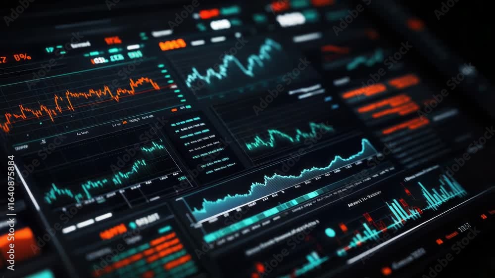 Poster Close-up of a computer screen showing various graphs and data