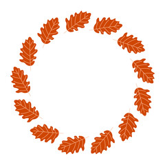 Autumn oak leaf wreath. Circle frame template for greeting cards or prints. Cozy flat illustration.
