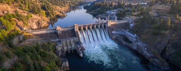 The majestic dam releasing water into a serene river landscape.