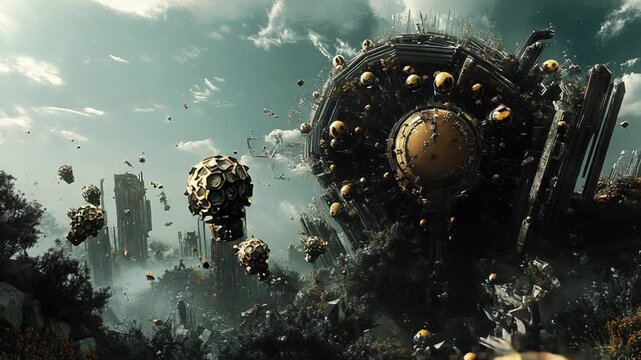 Futuristic city crumbling under cloudy sky with strange flying objects