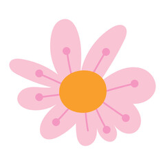 Flower With Pink Petals Radiating Around A Dotted Center. Delicate cartoon wild plant. Cute nature herb perfect for invitations, cards, posters, holidays, stickers.
