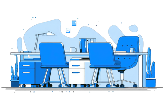 Blue office space with desk, chairs, and plants