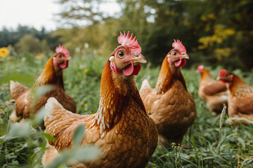 Fototapeta premium Captivating Two Vibrant Hens in a Rustic Barn, Showcasing Detailed Plumage and Countryside Charm, Generative AI