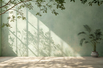 Green wall with dappled sunlight and potted palm plant shadows leaves