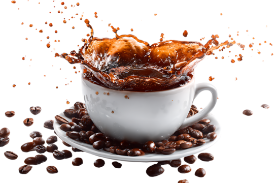 Coffee splash in white cup with beans isolated on transparent background