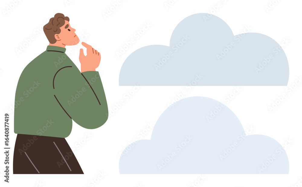Poster man deep in thought, gazing at abstract clouds that represent ideas or brainstorming. ideal for stra