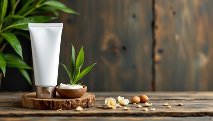 unlabeled skincare tube mockup with bamboo, spa theme