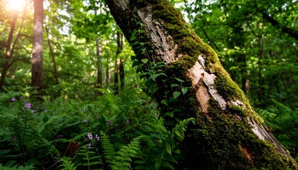 Sunlight filters through lush forest foliage onto a mossy tree trunk.